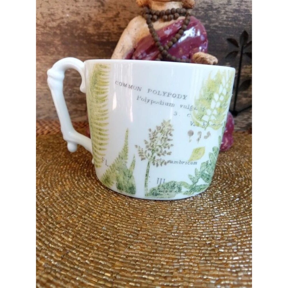 L'Orangerie botanical mug, porcelain, green white french 1800s fern print